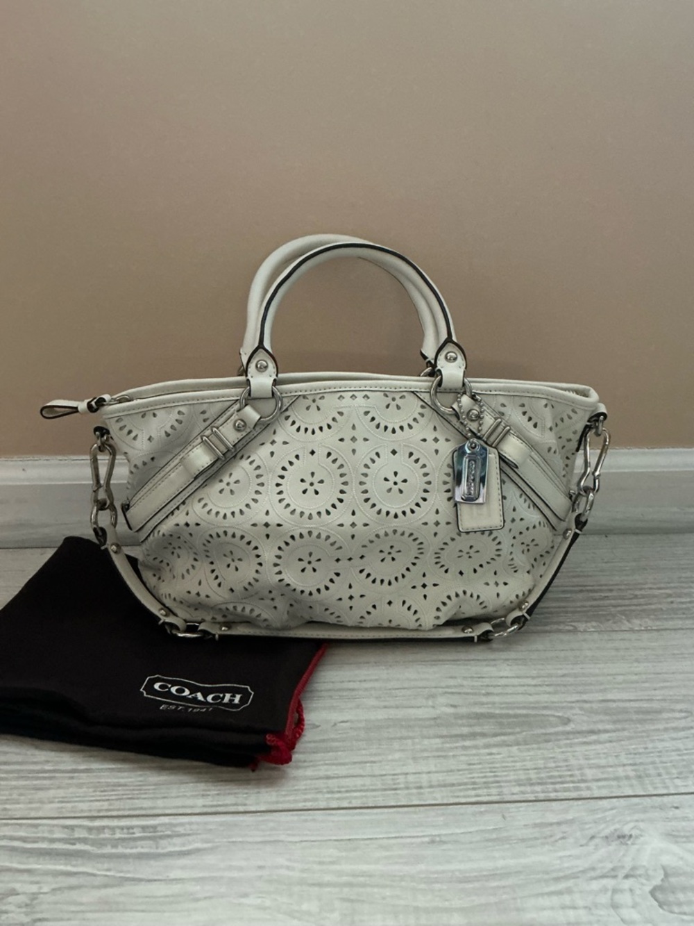 Coach White Perforated Leather Satchel with Detachable Strap